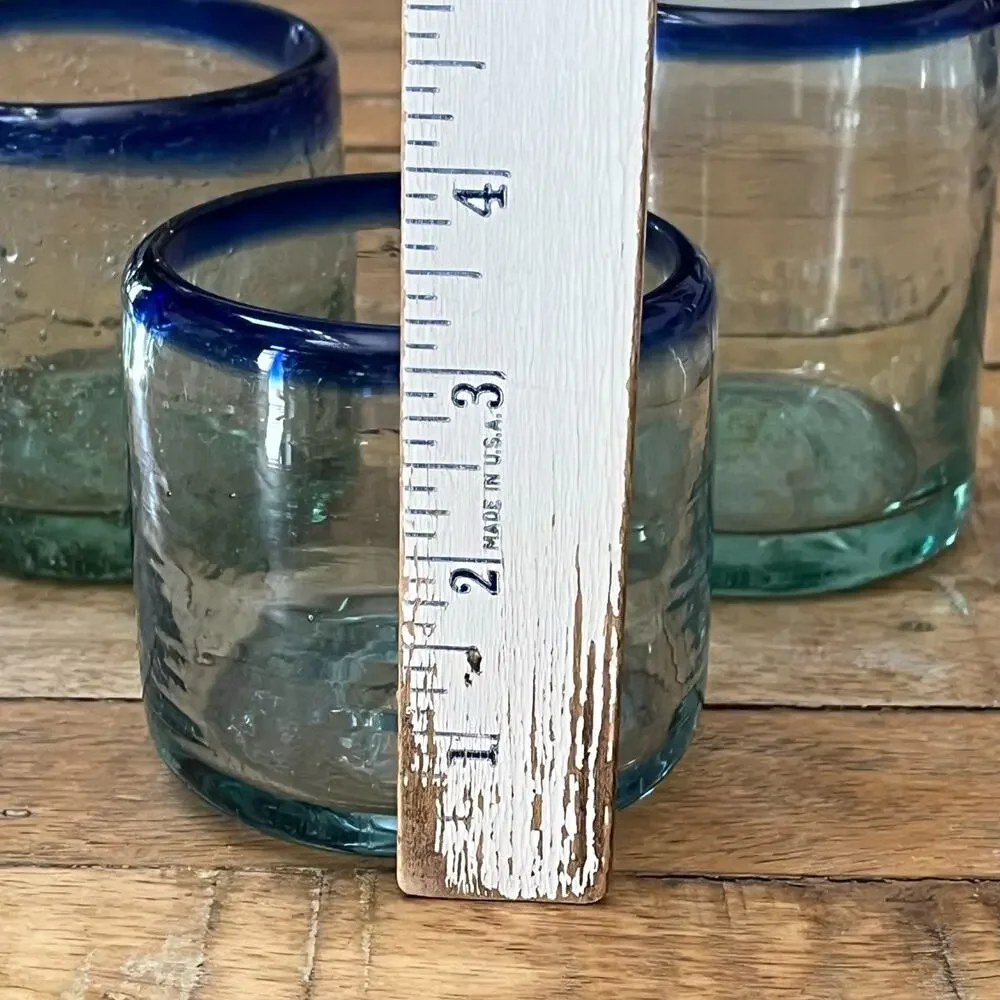 Hand-Blown Mexican Short Tumblers Set of 3 Clear Blue Rim